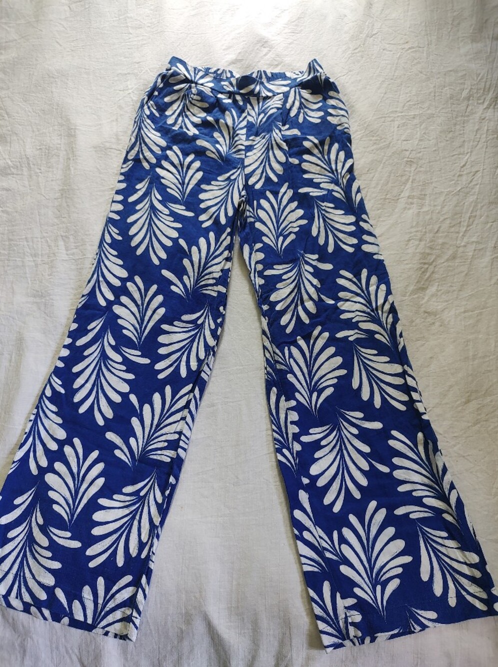 Ellen Tracy Blue White Leaf Print Wide-Leg Pants Linen Blend XS